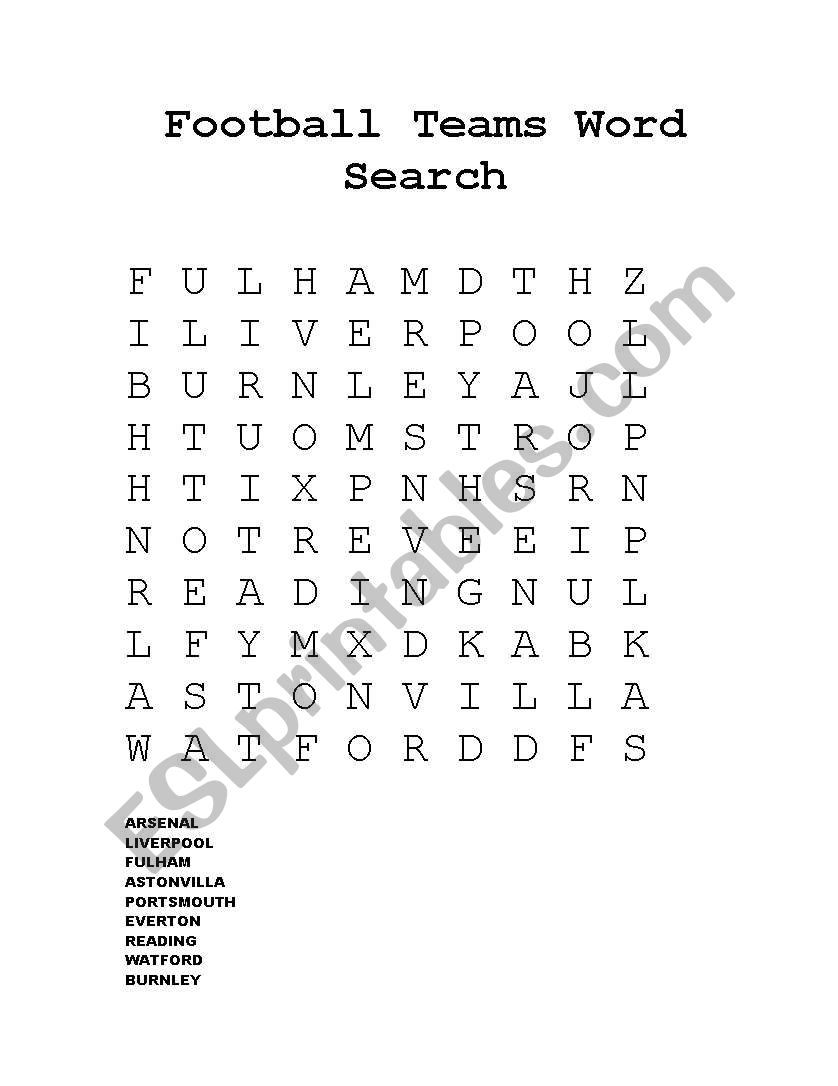 English worksheets: English Football Teams - Word Search