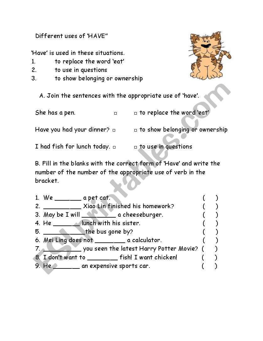 Different uses of Have worksheet