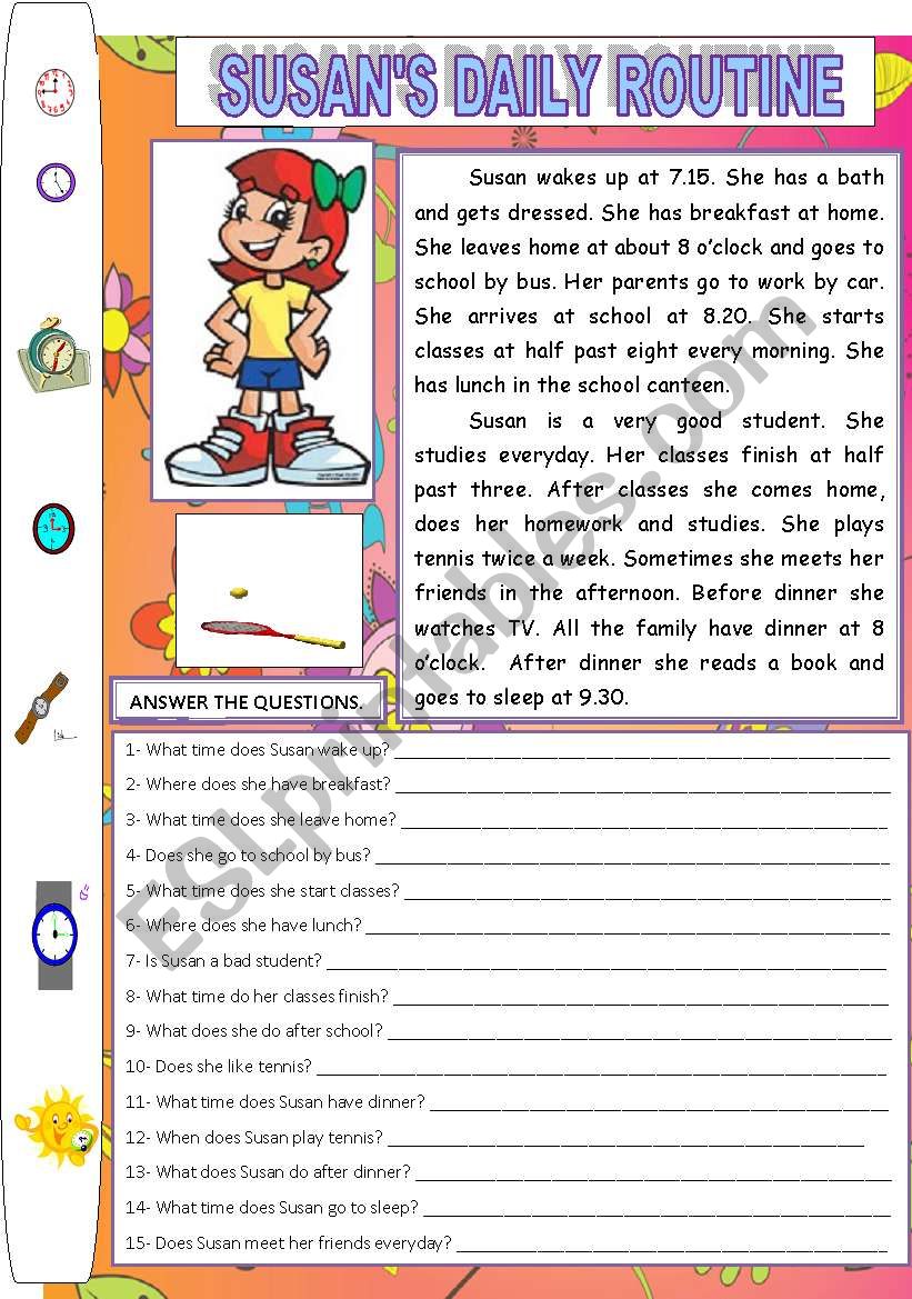 SUSAN´S DAILY ROUTINE (READING AND COMPREHENSION) - ESL worksheet by ...