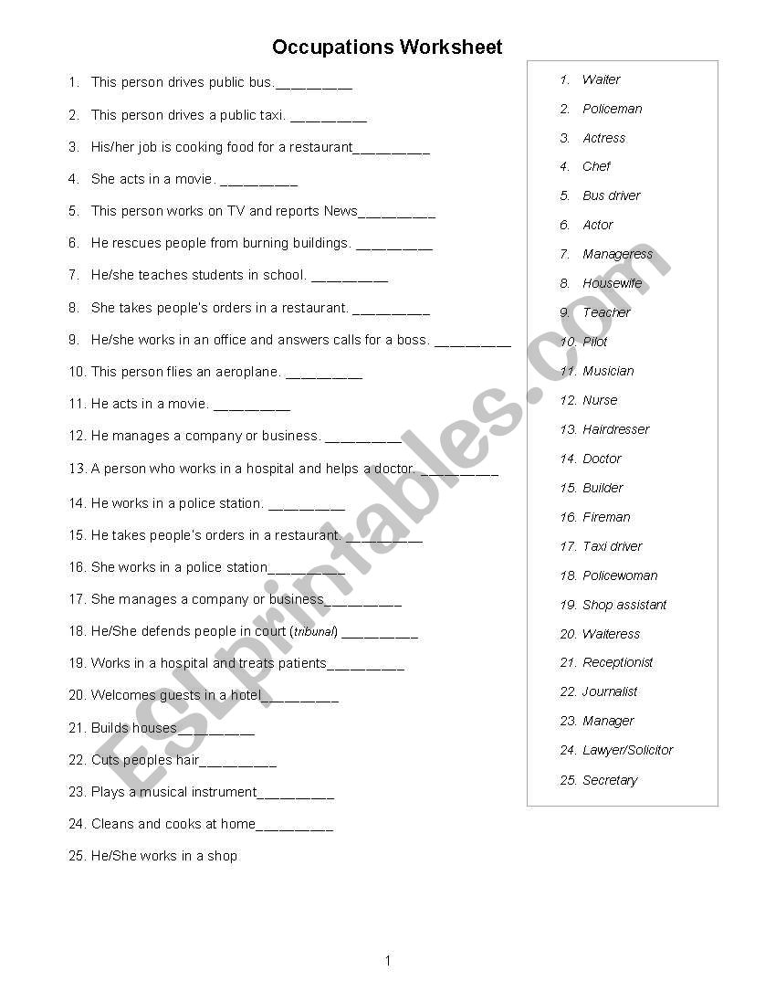 Occupations Worksheet worksheet