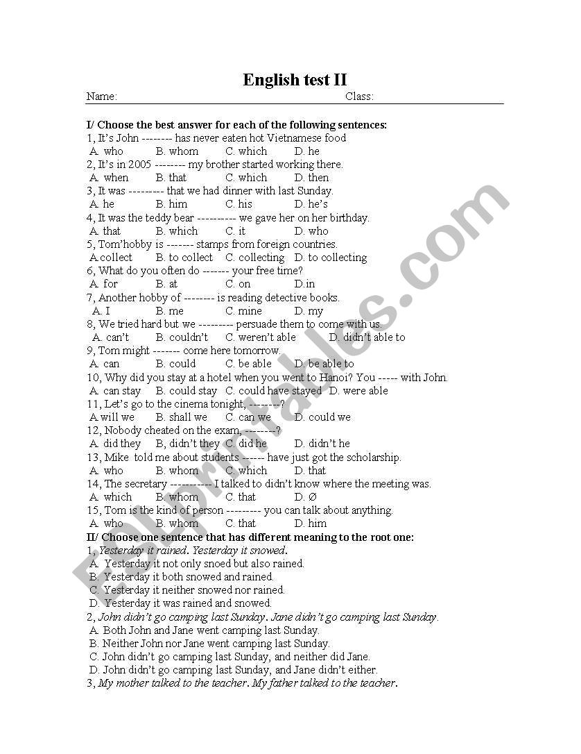 english test worksheet