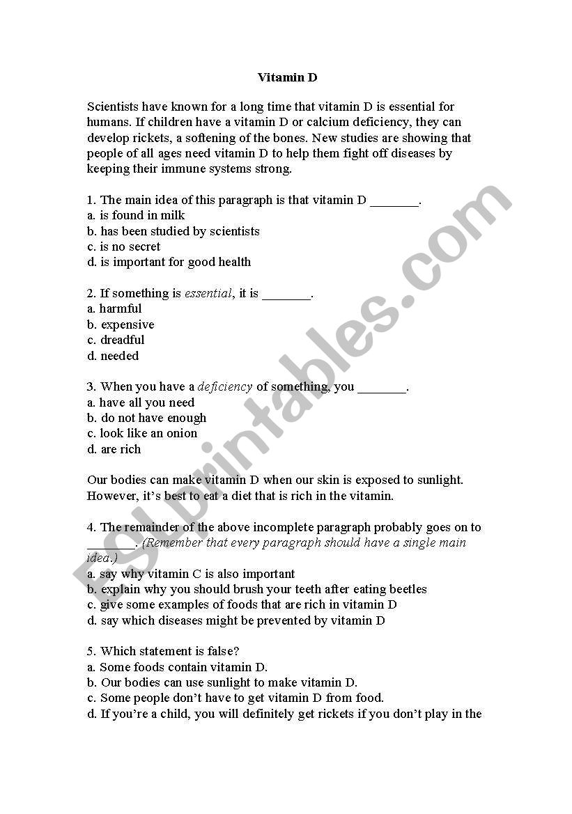 vitamin D worksheet