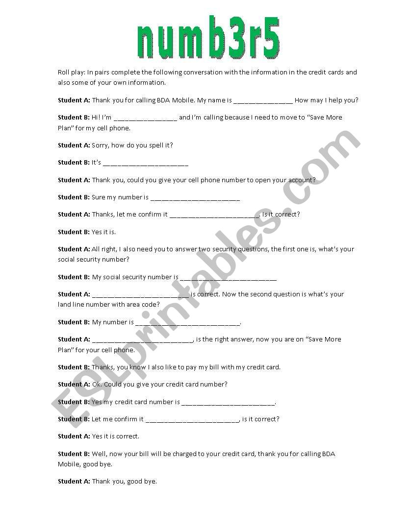 Numbers role play worksheet