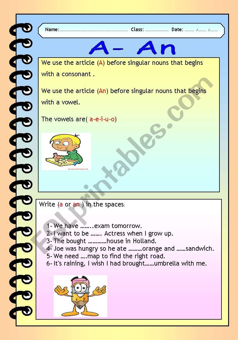 A- An  articles worksheet