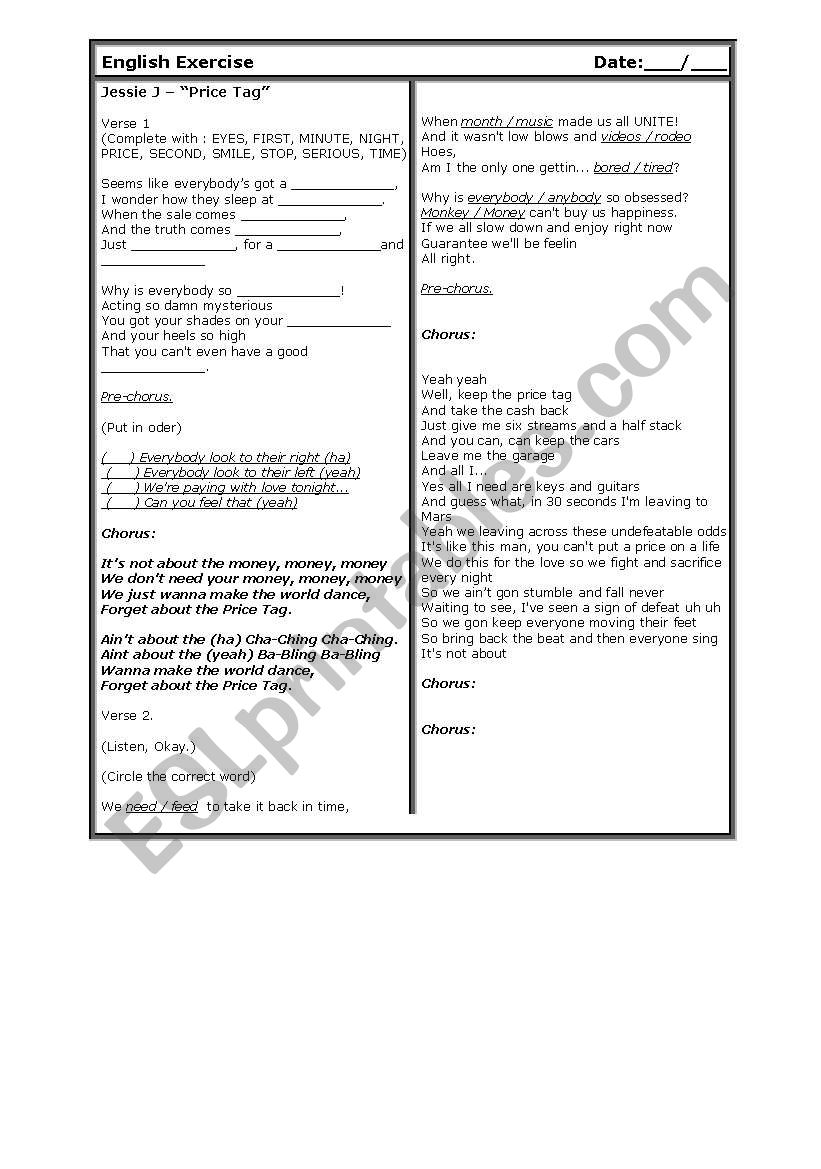 Price Tag worksheet