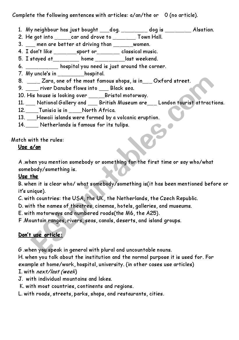 articles worksheet