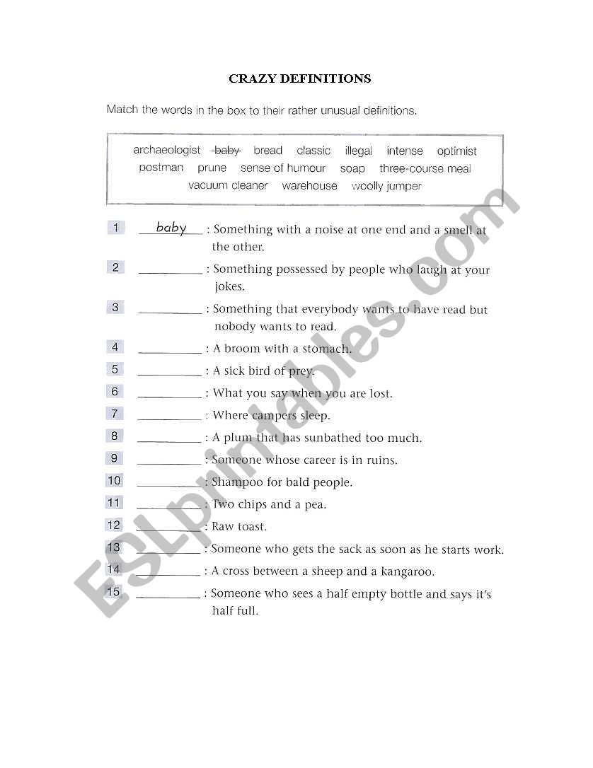 Crazy definitions - baby worksheet