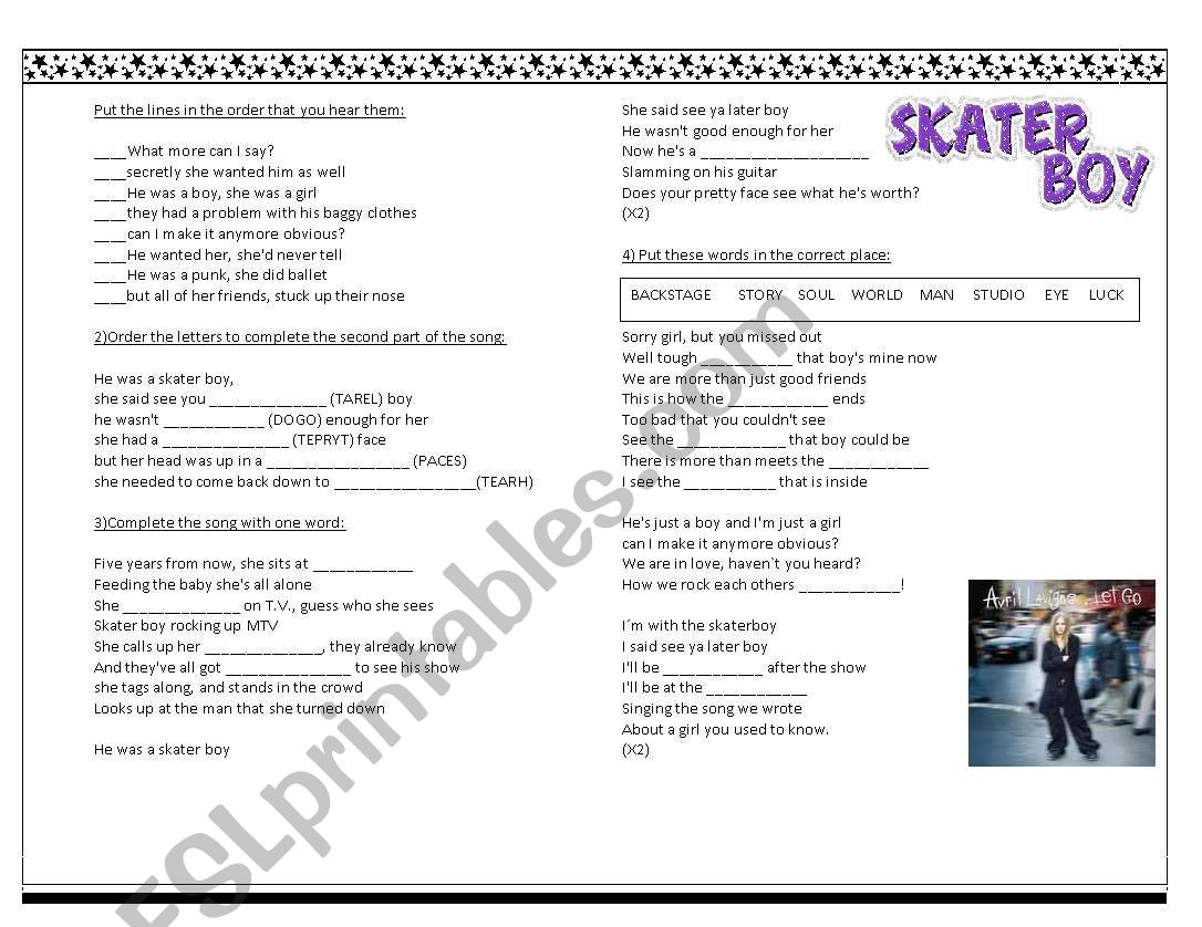Skater Boy Song worksheet
