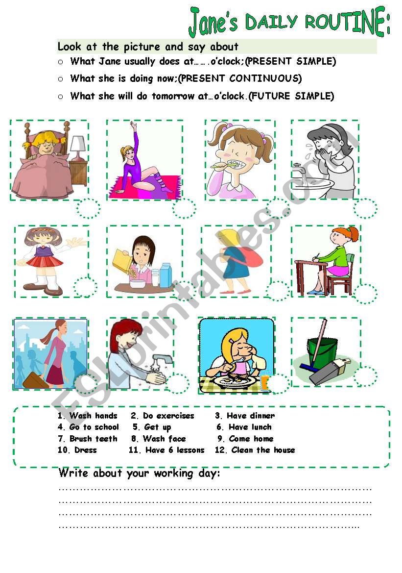 Jane´s Daily Routine: Say In 3 Tenses - Esl Worksheet By Nurikzhan