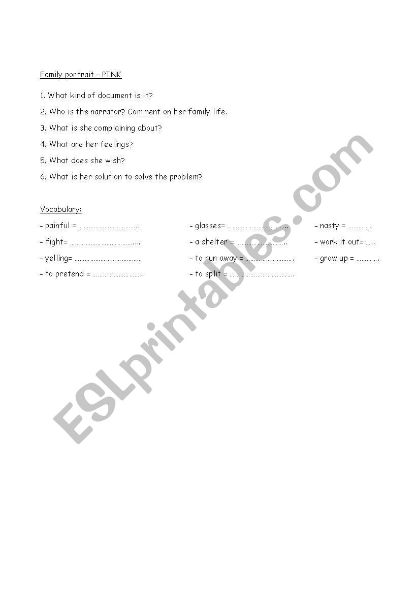 Family Portrait worksheet