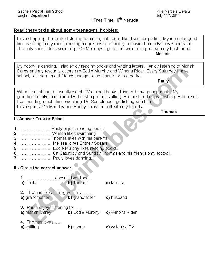 Free time worksheet