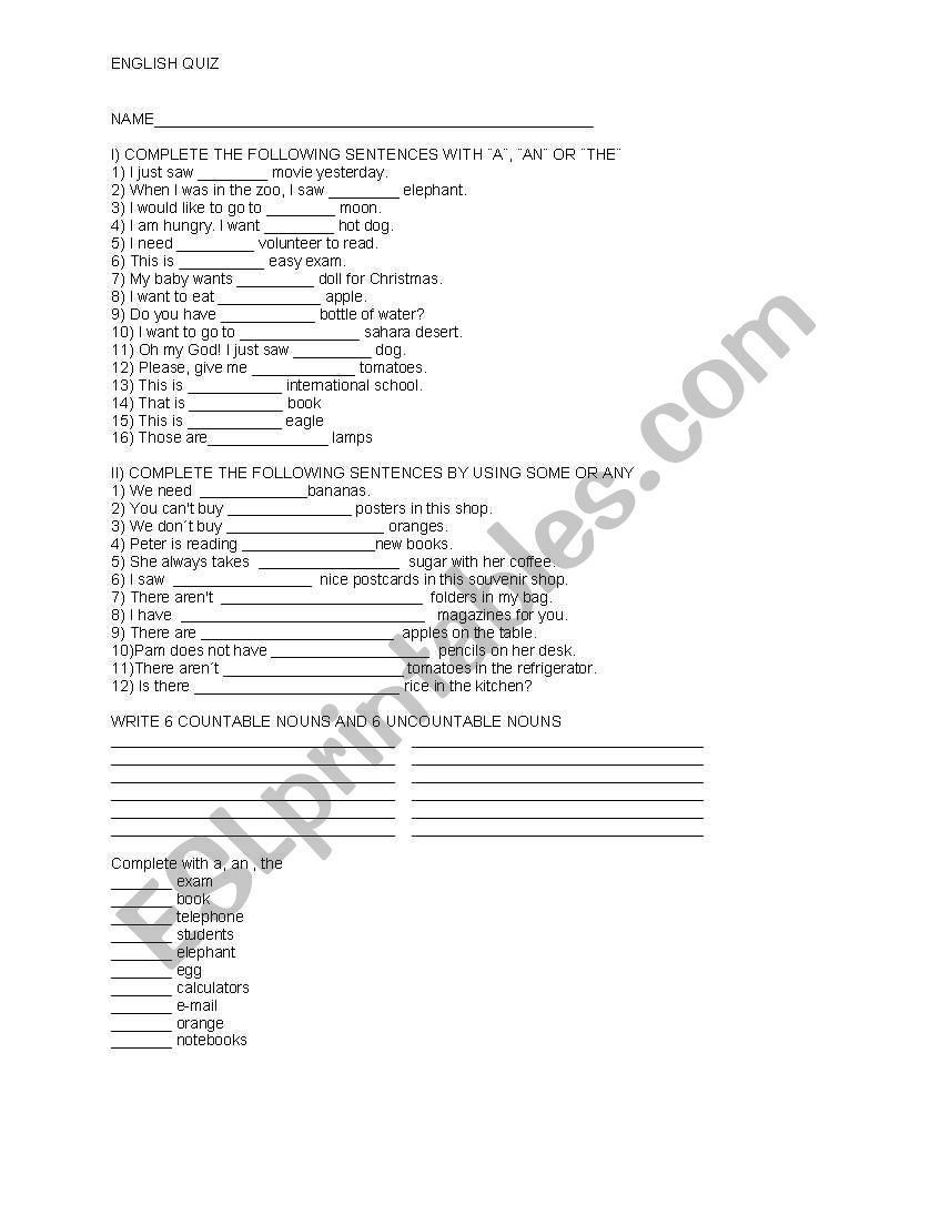 ENGLISH QUIZ worksheet