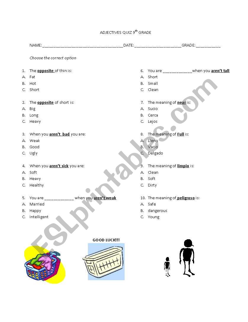adjectives quiz worksheet
