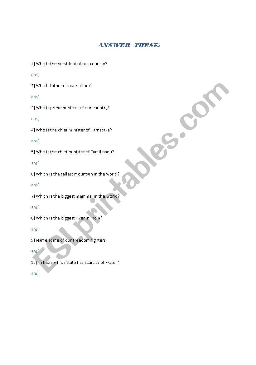 Test your general knowledge worksheet