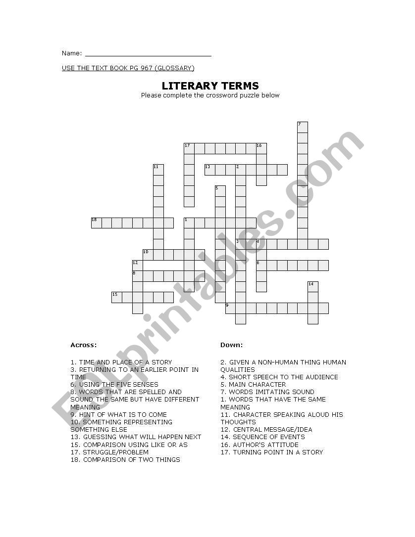 English worksheets: Literary Term Crossword