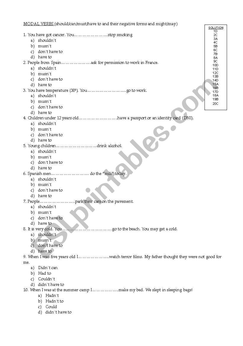 Modals worksheet