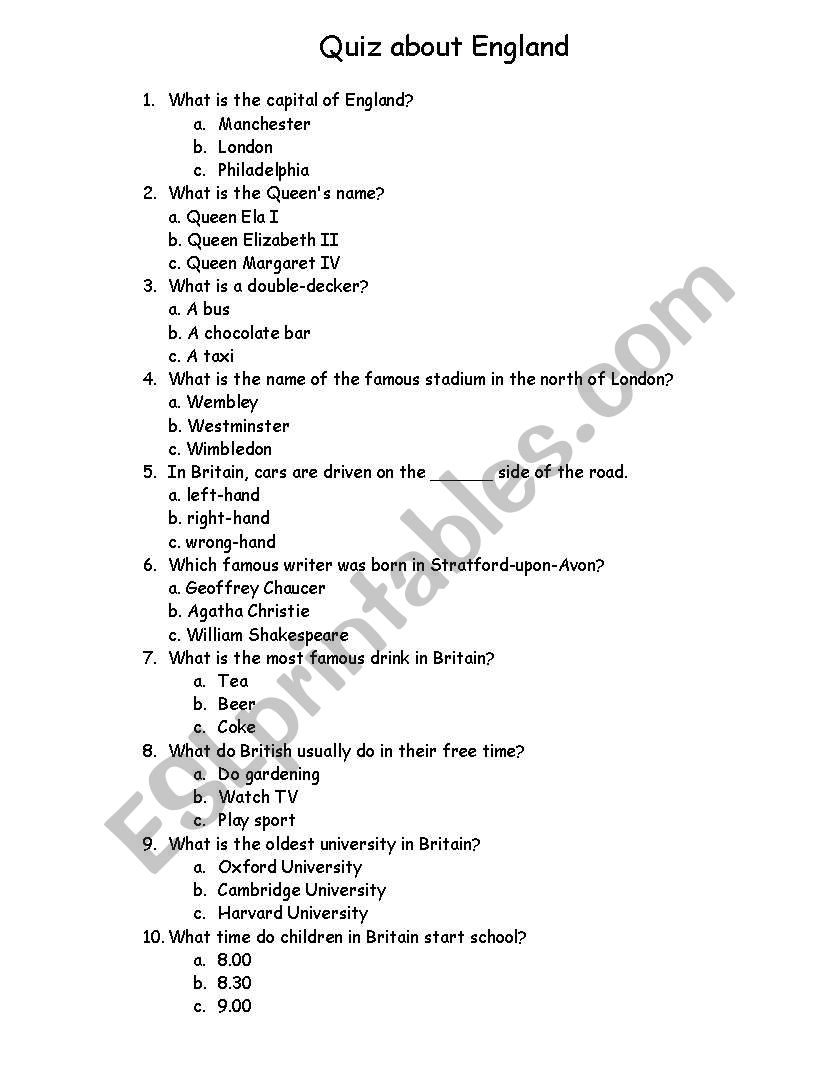 quiz about England worksheet