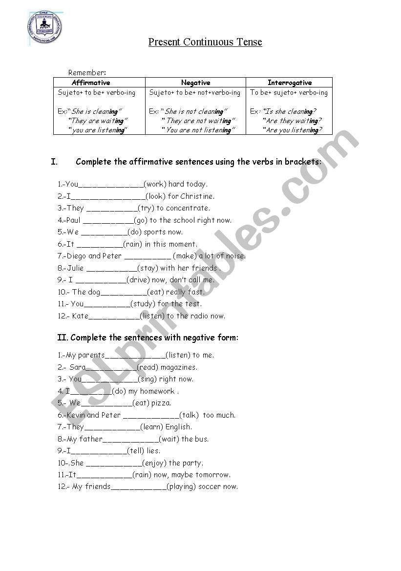 Present continuous worksheet