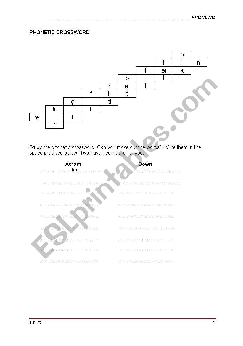 Phonetic Crossword worksheet