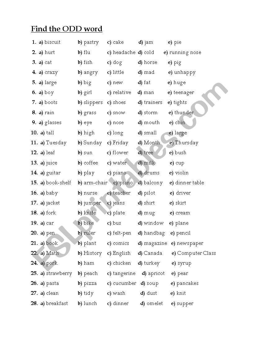 Find The ODD Word 2 ESL Worksheet By Svitl