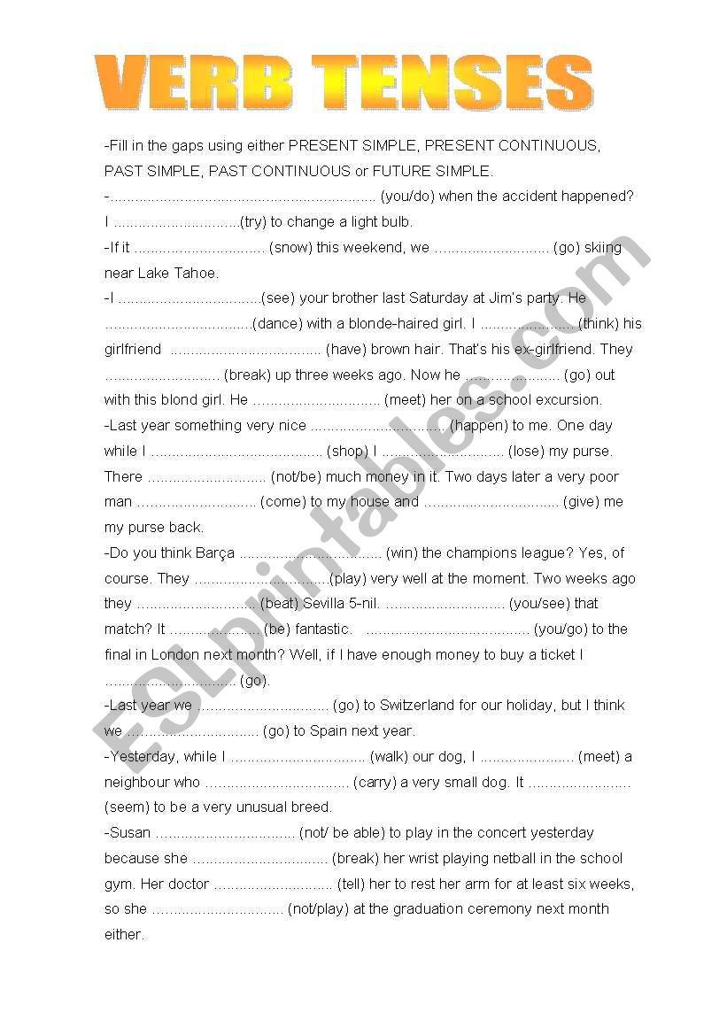 verb tenses worksheet