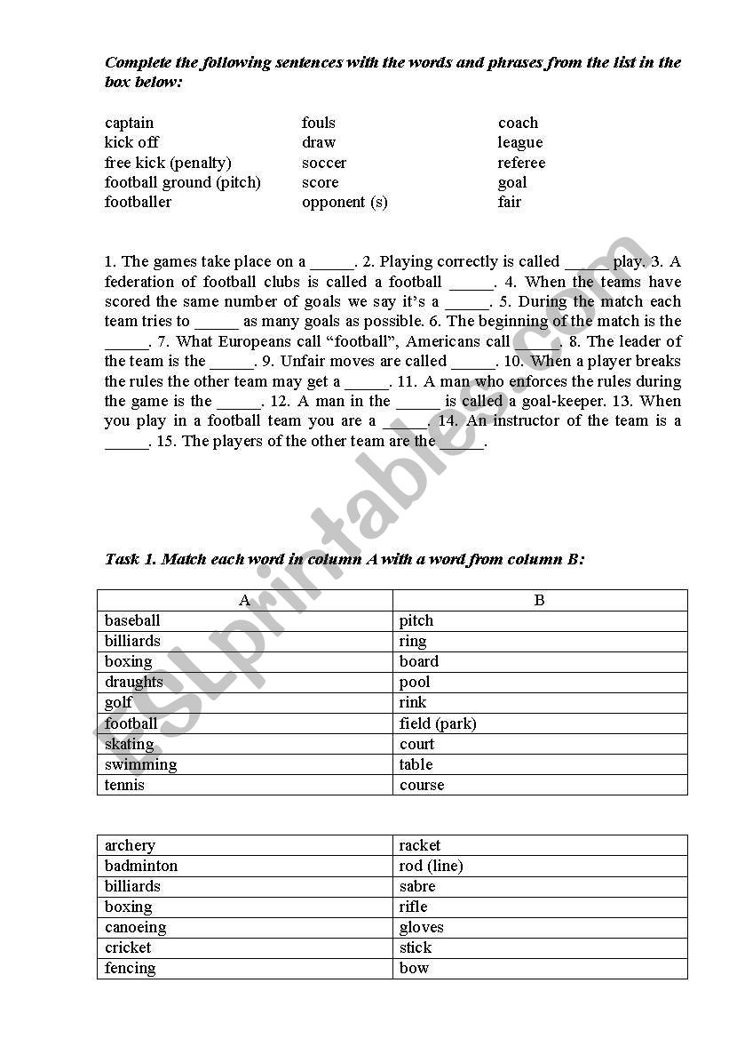 sports worksheet