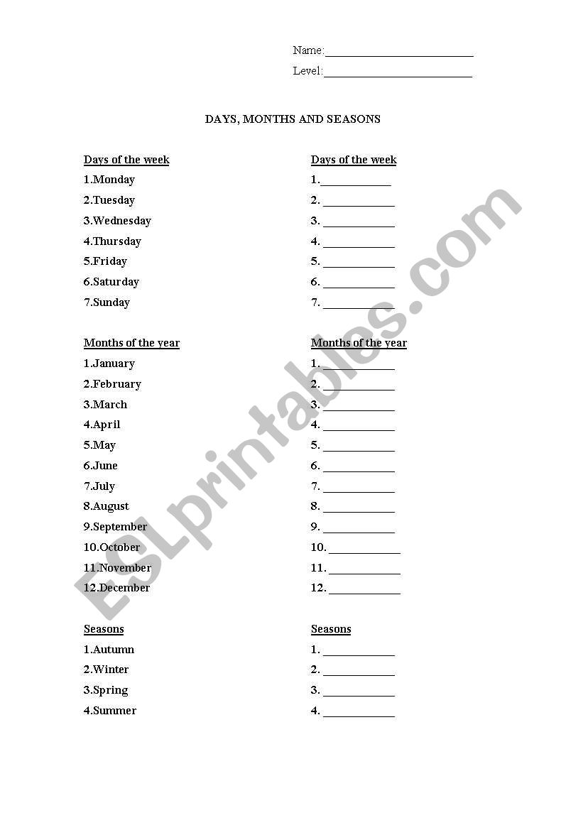 Days, Months, Seasons worksheet