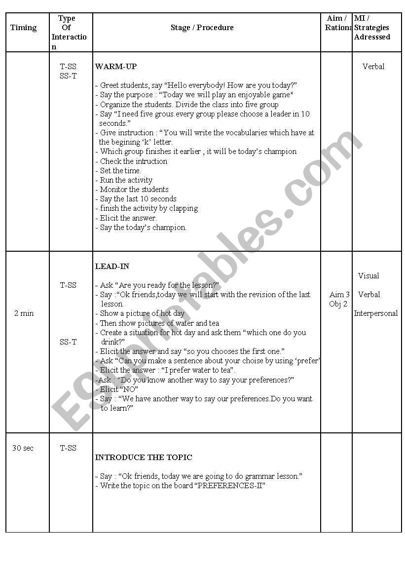 preferences worksheet