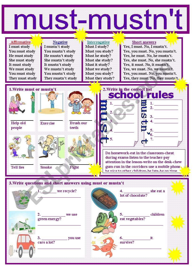 Must Mustn´t Esl Worksheet By Liliaamalia 