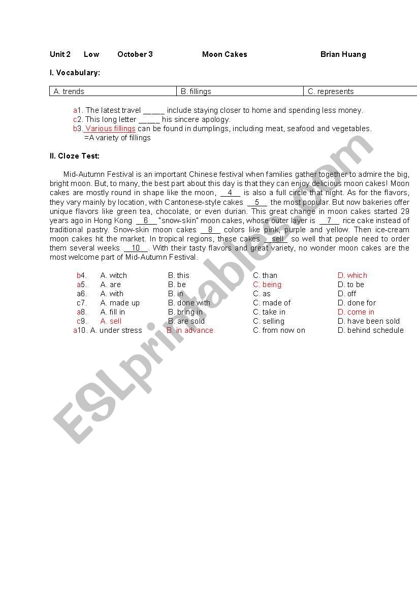 Mooncake worksheet