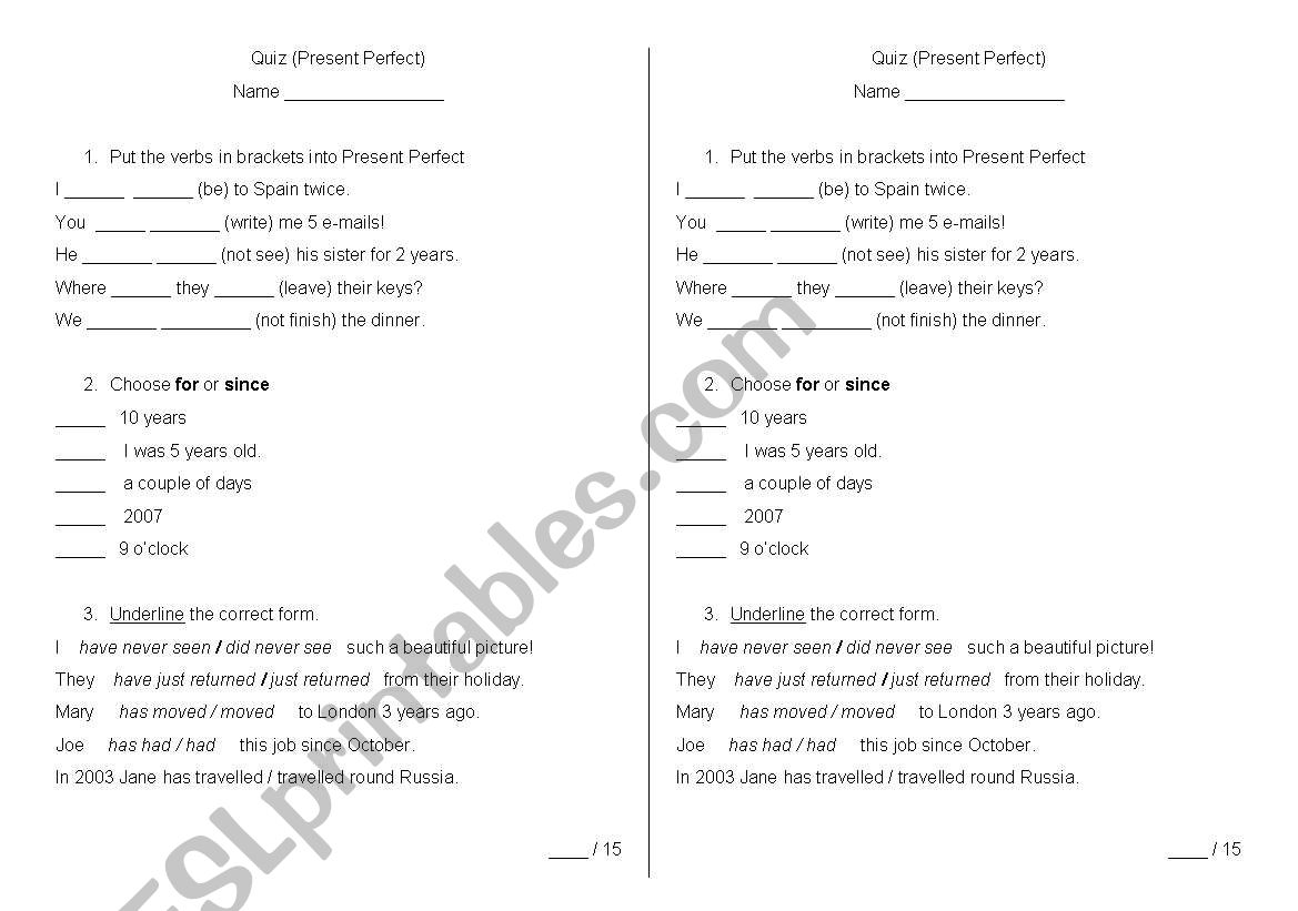 Present Perfect Quiz worksheet