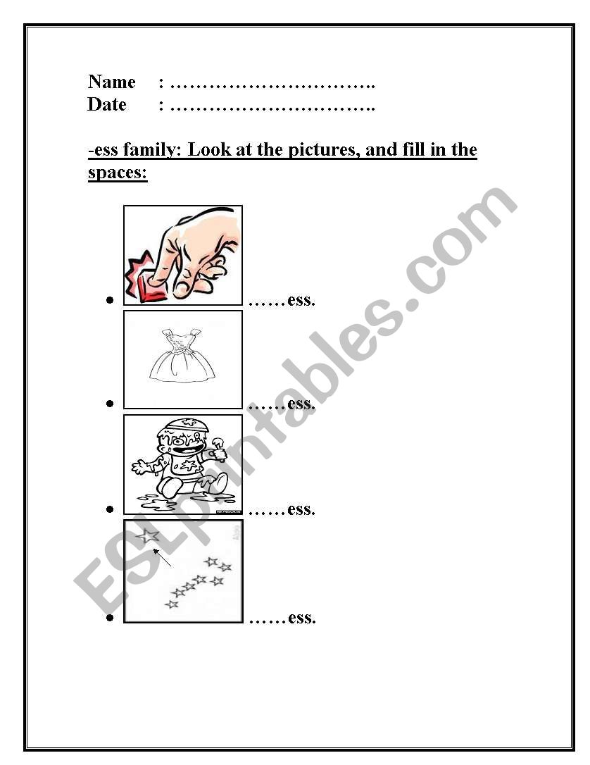 -ess word family worksheet