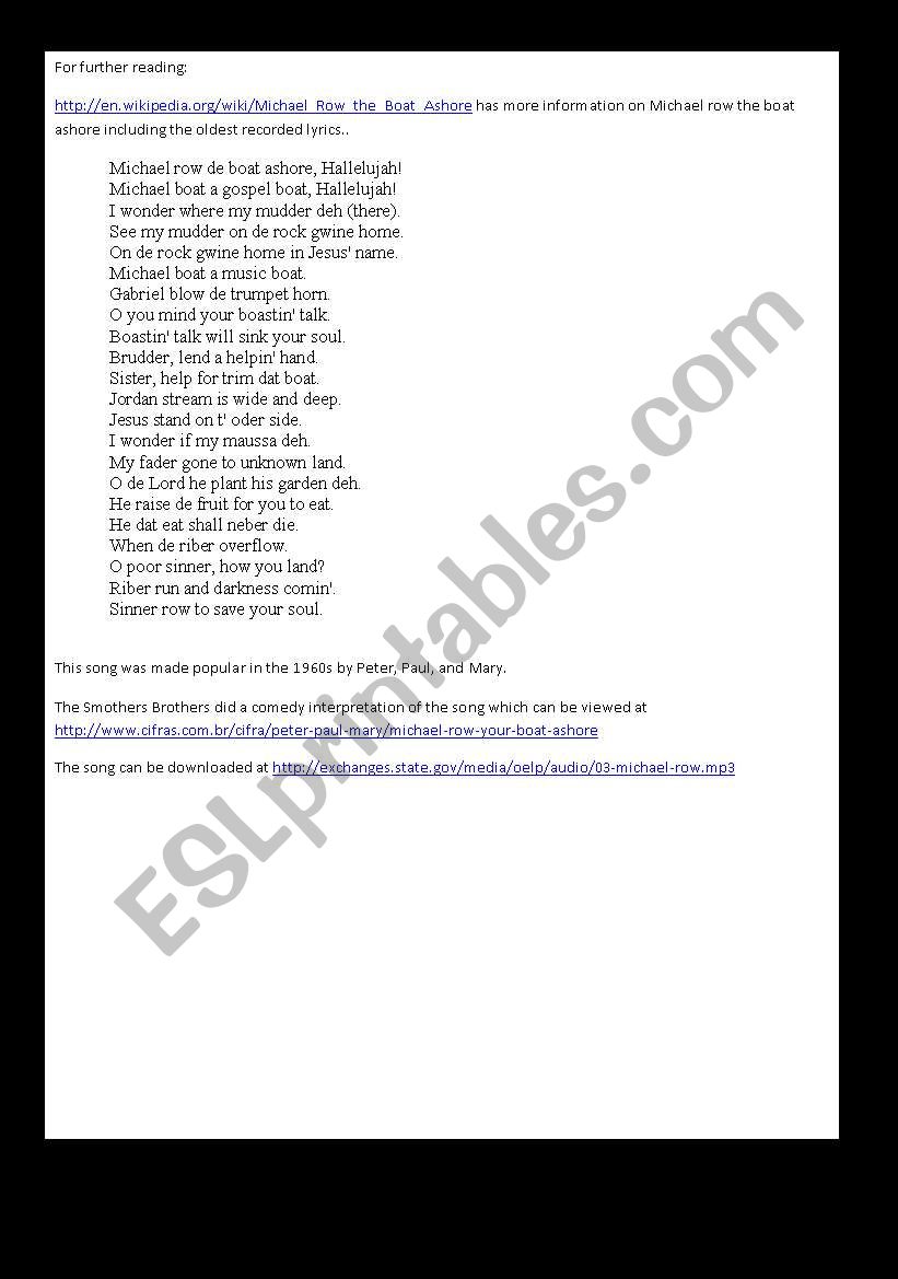 Very Simple song Michael Row the Boat Ashore ESL worksheet by