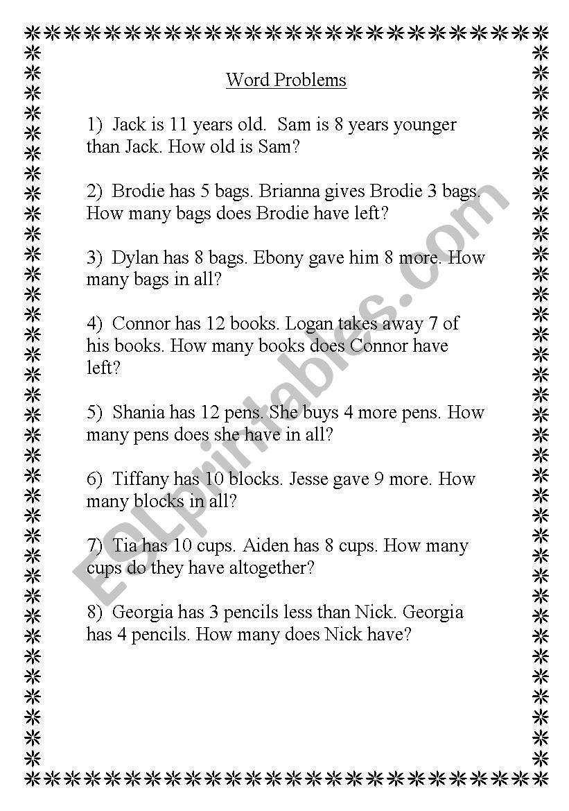 English Worksheets Word Problems