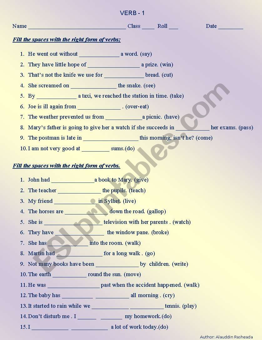 VERB worksheet