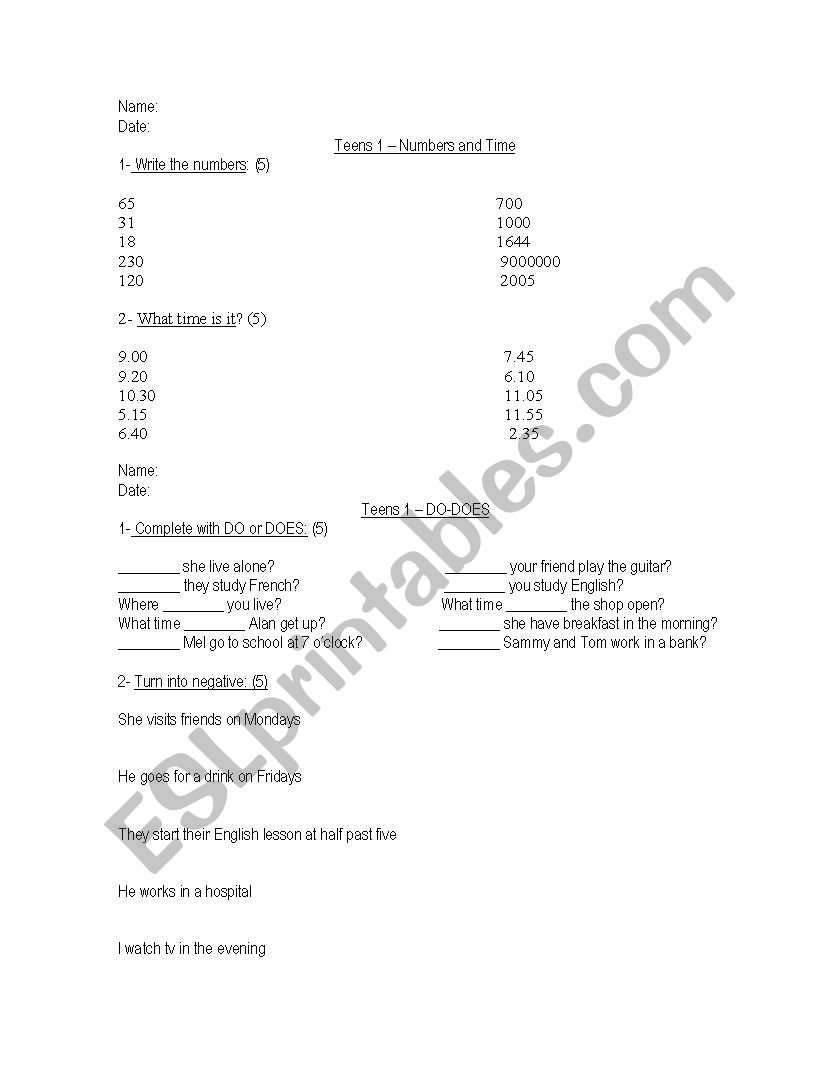 6 mini tests worksheet