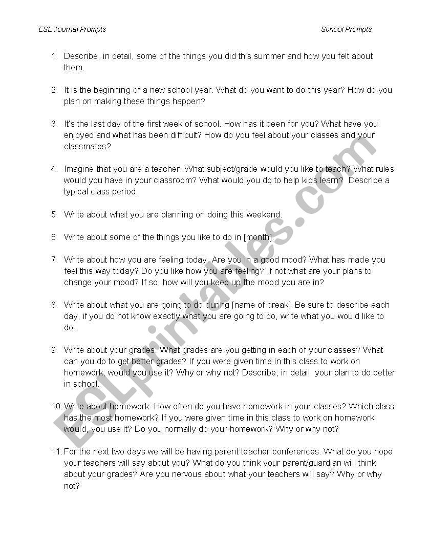 35 Journal Prompts - School Theme - ESL worksheet by Sumrz