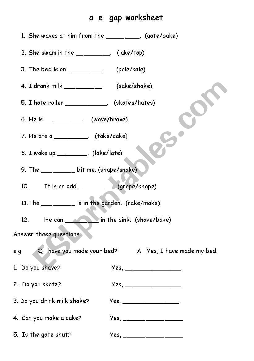 English worksheets: a-e gap worksheet