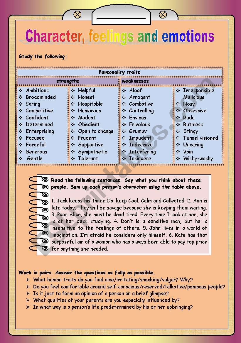 Describing people´s character and emotons - ESL worksheet by solnishkop