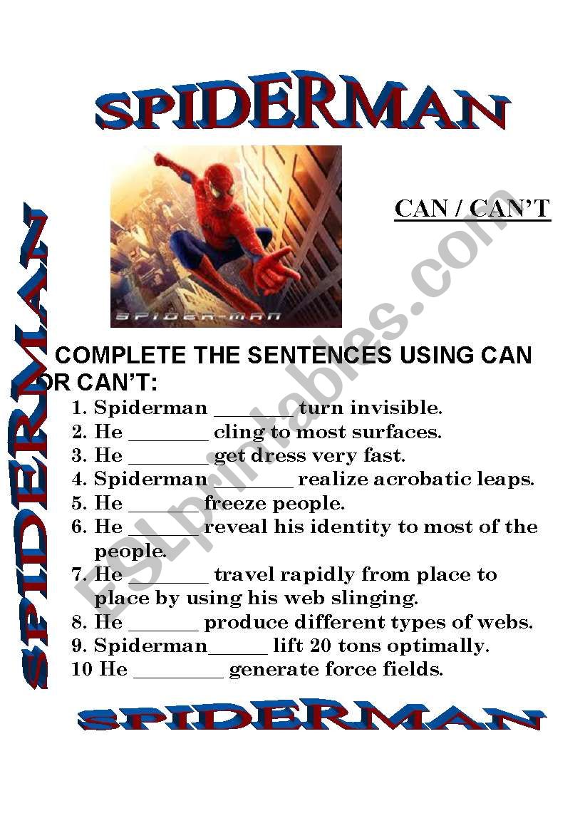 CAN / CAN´T SPIDERMAN - ESL worksheet by my favorite worksheets