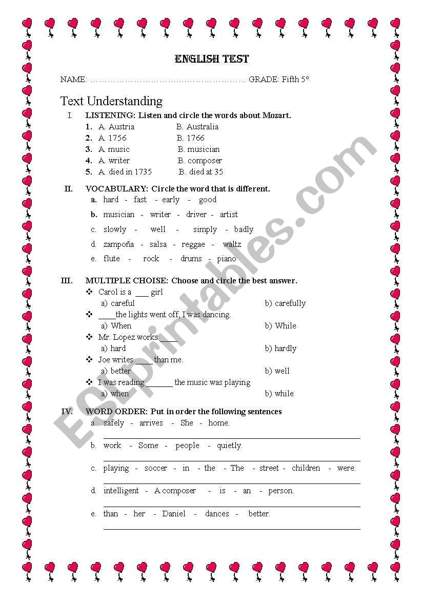 test worksheet