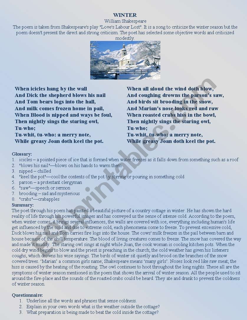 Download WINTER by William Shakespeare - ESL worksheet by alauddin