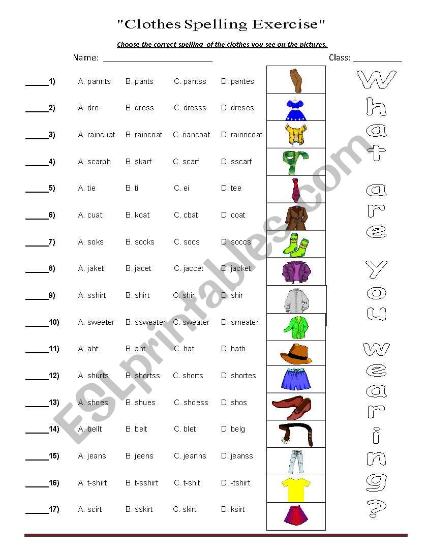 ESL: Clothes-Spelling Exercise Worksheet for 2nd - 4th Grade
