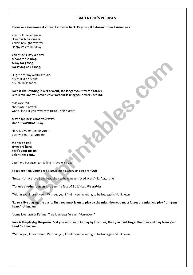 Valentines phrases worksheet