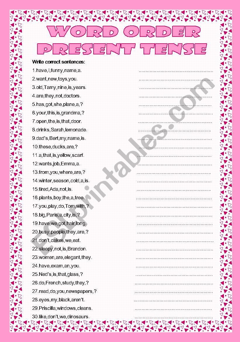 Word Order present Tense ESL Worksheet By Sictireala8