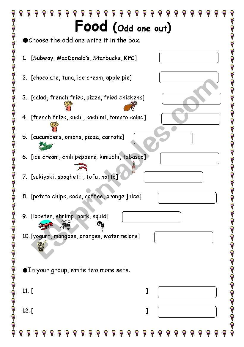Food - odd one out worksheet