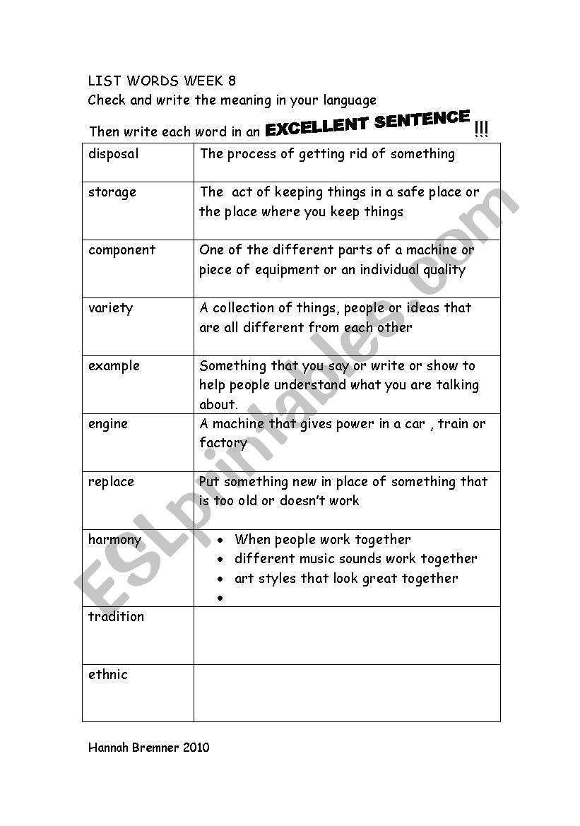 Vocabulary List worksheet