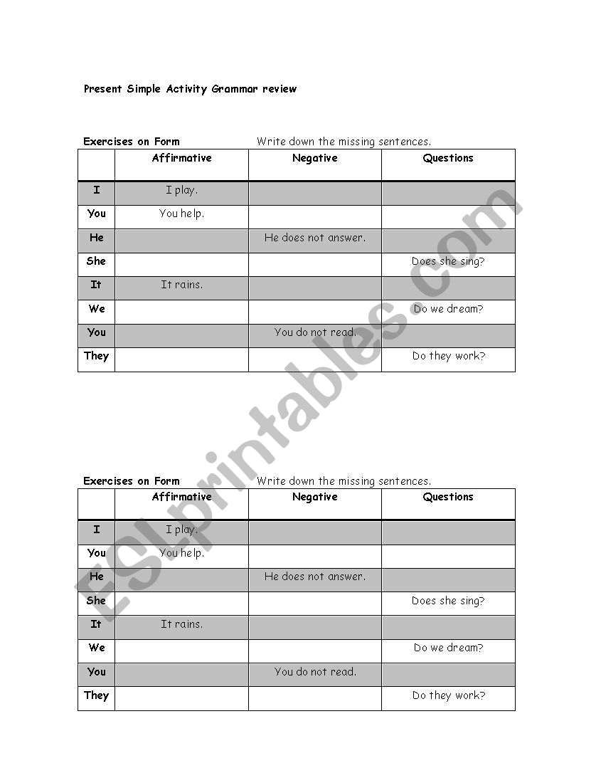 Present Simple grammar review worksheet