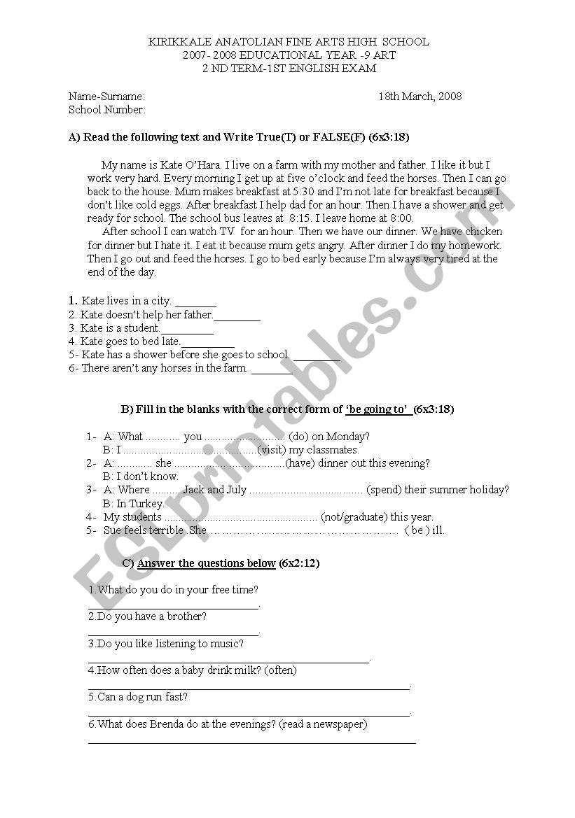 9th grade exam worksheet