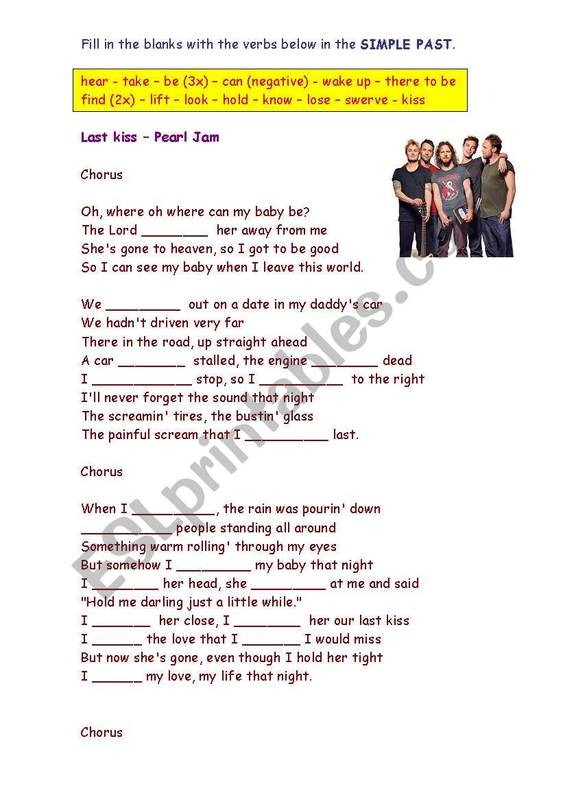 Working With Verbs In The Simple Past Song Last Kiss Pearl Jam 